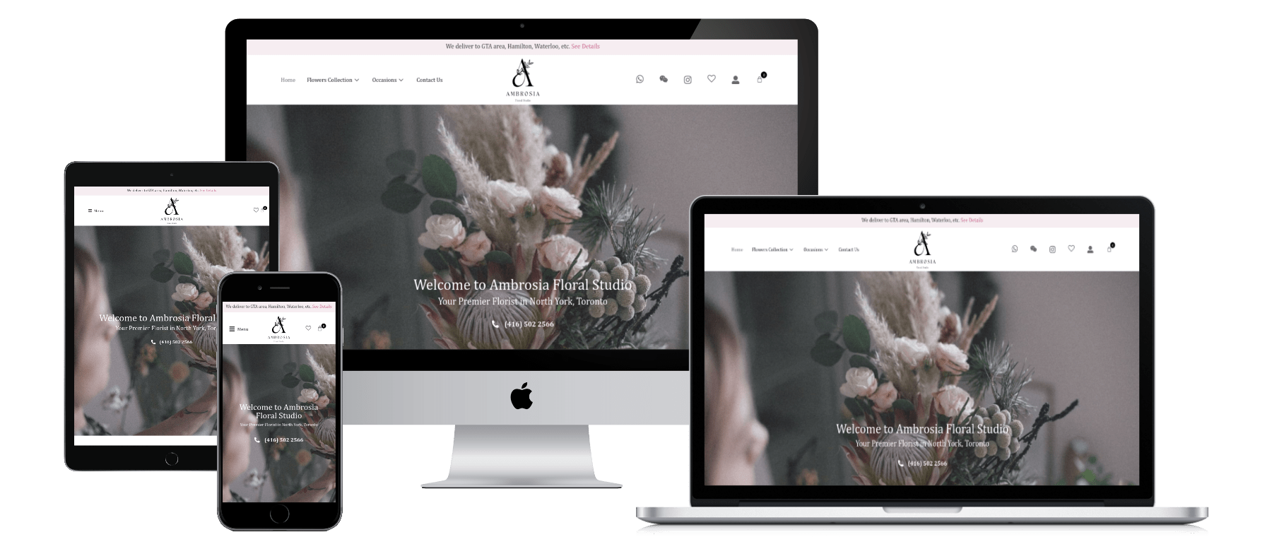 Ambrosia Floral Studio website screenshot on all devices black